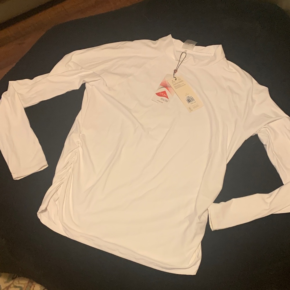 Calia Lycra Rashguard Swim Top Classic White Long Sleeve Cinched Sides Xtra Lite